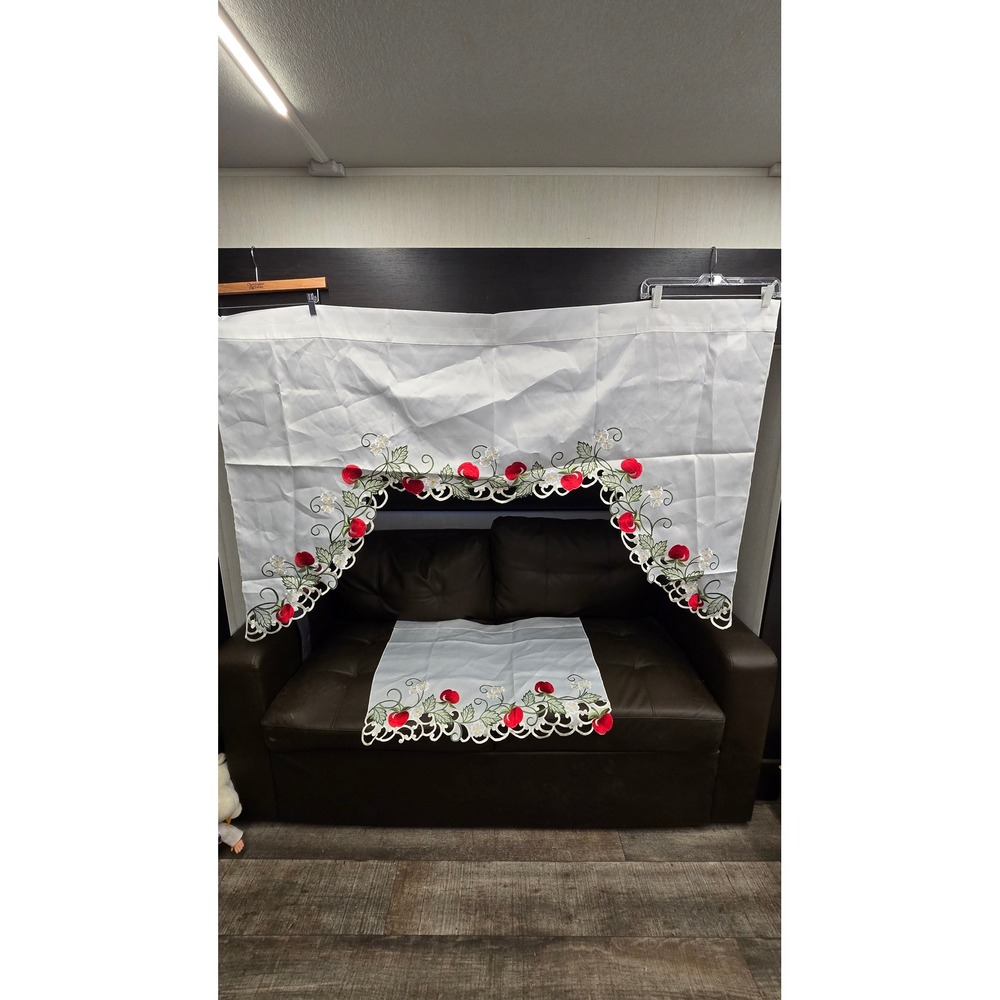 White Kitchen Curtain Set Red Apple Floral Embroidery Lace Swag Valance Tiers